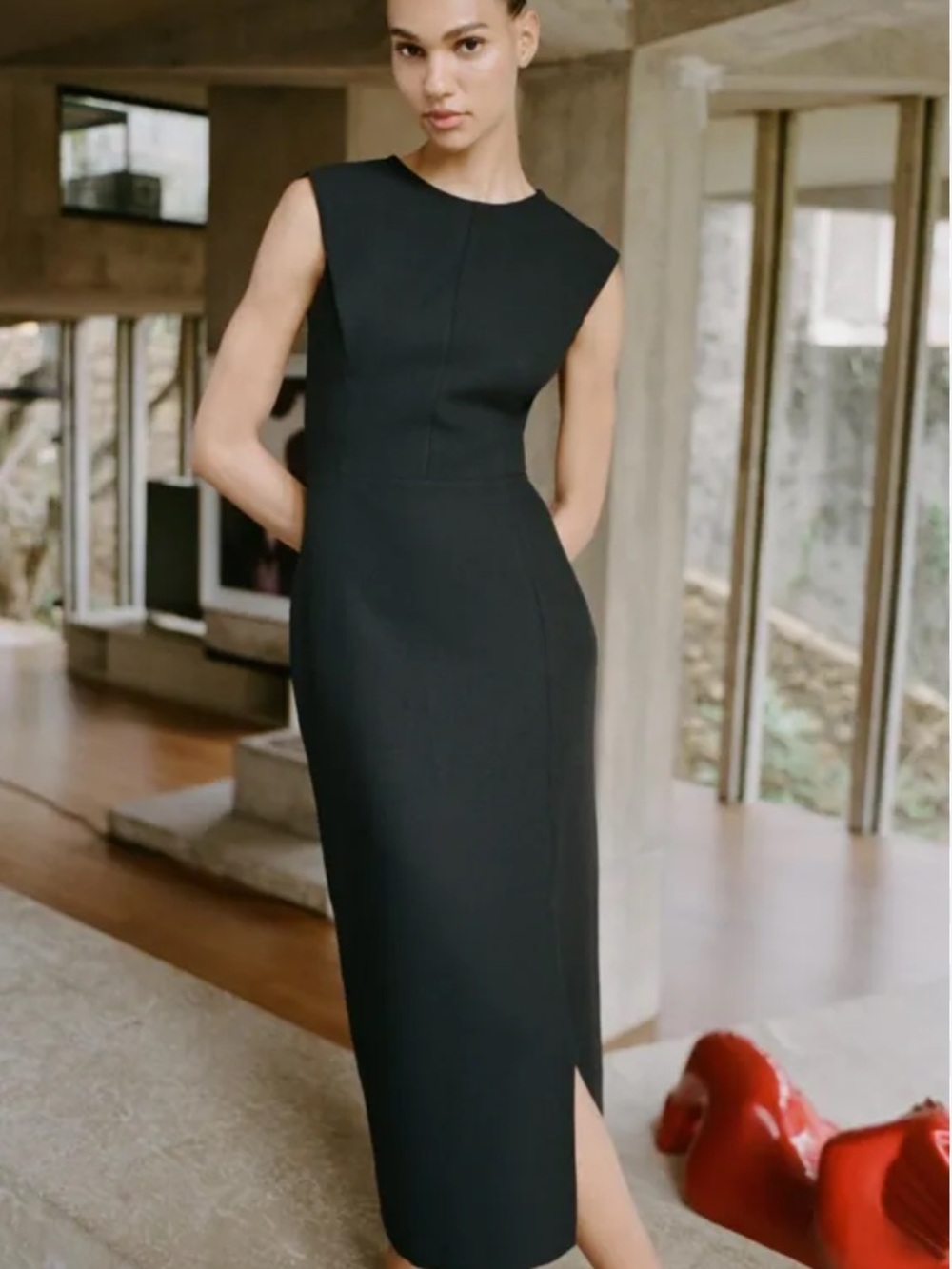 Zara Black Sleeveless Midi Sheath Dress